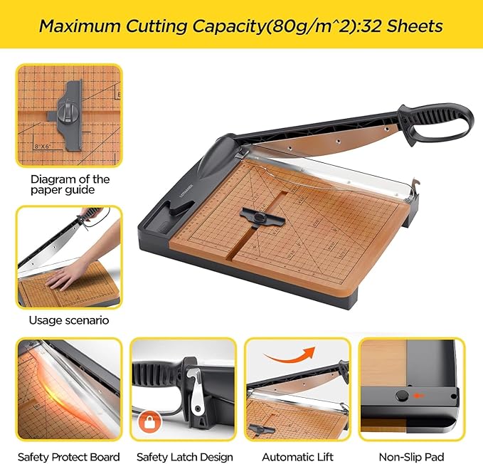 12'' Wood Guillotine Paper Cutter, Heavy Duty Wood Base Paper Trimmer - Image 5