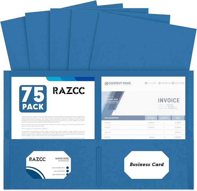 Two Pocket Folders, RAZCC 75 Pack 2 Pocket Folders Fit Letter Size Paper by RAZCC