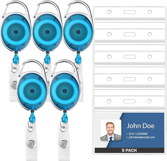 5 Pack Id Badge Holder with Clip, Transparent Light Blue Reels with Id Sleeves by WillWell