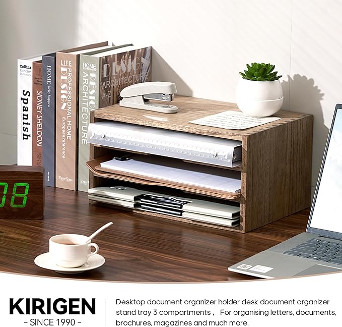 KIRIGEN Wooden Desktop Organizer, 3 Tier Solid Wood Letter Tray and Paper File - Image 5