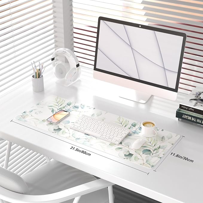 QiyI Large Mouse Pad, Cute Green Leaves Desk Mat - Image 2