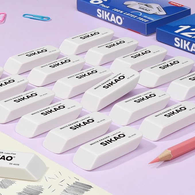 White Erasers, 6 Pack Pencil Erasers | Latex-Free & Smudge-Free Beveled Rubber - Image 5