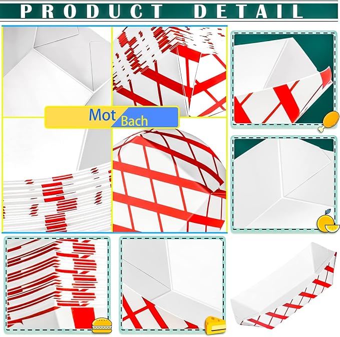 100 Pack 3lb Paper Food Trays, Disposable Greaseproof Kraft Checkered Carnival - Image 3