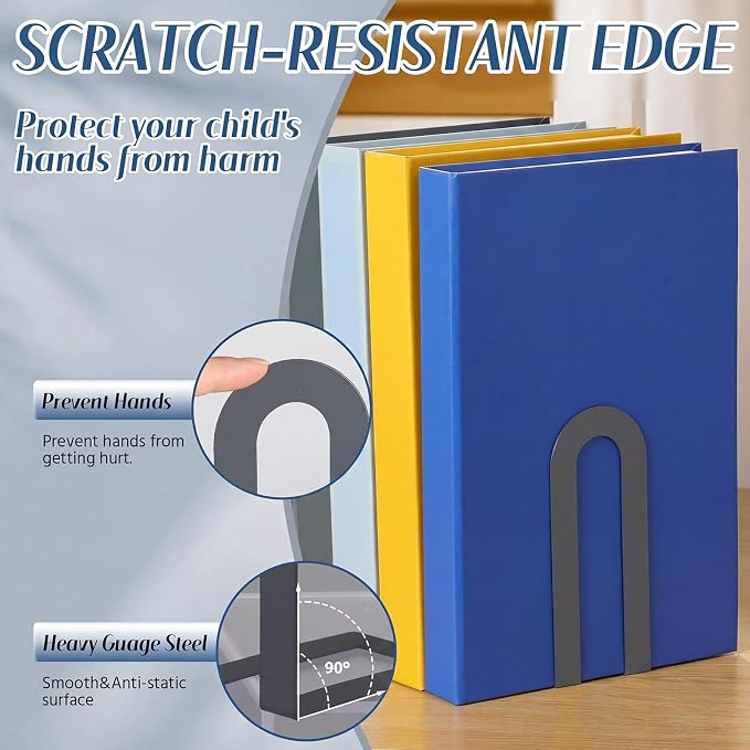 Chunful 6 Pcs Gray Book Ends for Shelves Modern Metal Small Bookends Book Shelf - Image 4