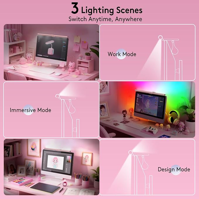 Quntis 20" Pink RGB Monitor Light Bar, 15 Gaming Backlight Modes, Eye-Care No - Image 3