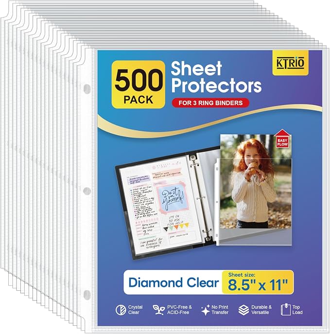 KTRIO Sheet Protectors for 3 Ring Binder 500 Pack, Plastic Sleeves 8.5 x 11 | by KTRIO