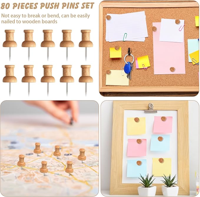 Sawysine 80 Pcs Wood Push Pins, Cute Thumb Tacks Decorative Push Pins - Image 5