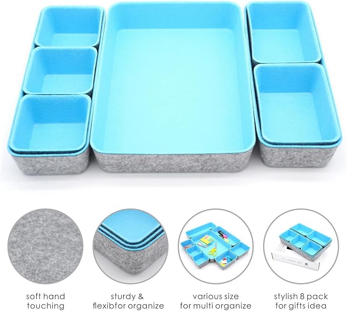 Welaxy 8pc Desk Drawer Organizer Tray Baby Blue Office Storage Bins Shallow - Image 3
