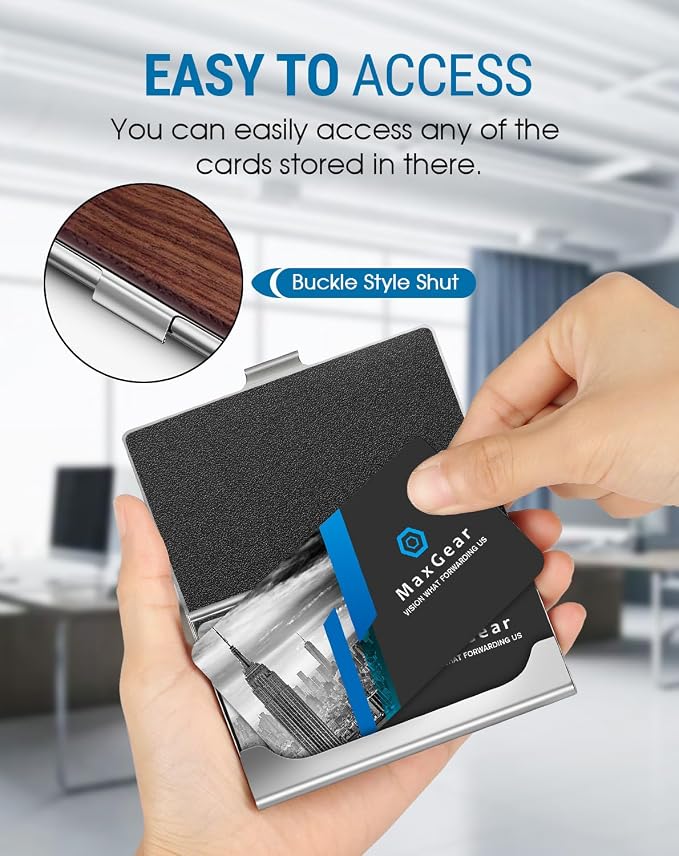 MaxGear Stainless Steel Business Card Holder, Slim Card Case, Walnut Wood | - Image 2