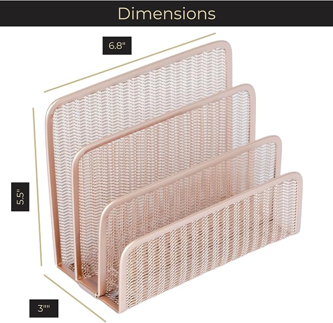BLU MONACO Rose Gold Metal Mesh Letter Sorter | 3-Slot Vertical Mail Organizer - Image 6