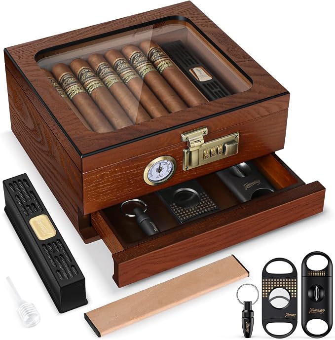 Tesonway Cigar Humidor, Cedar Wood Humidor Cigar Box, Glass Top Desktop Humidor by Tesonway
