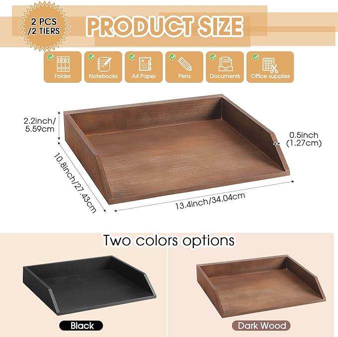 Beeveer 2 Pcs Dark Wood Letter Tray Wooden Desk Paper Organizer 2 Tier - Image 2