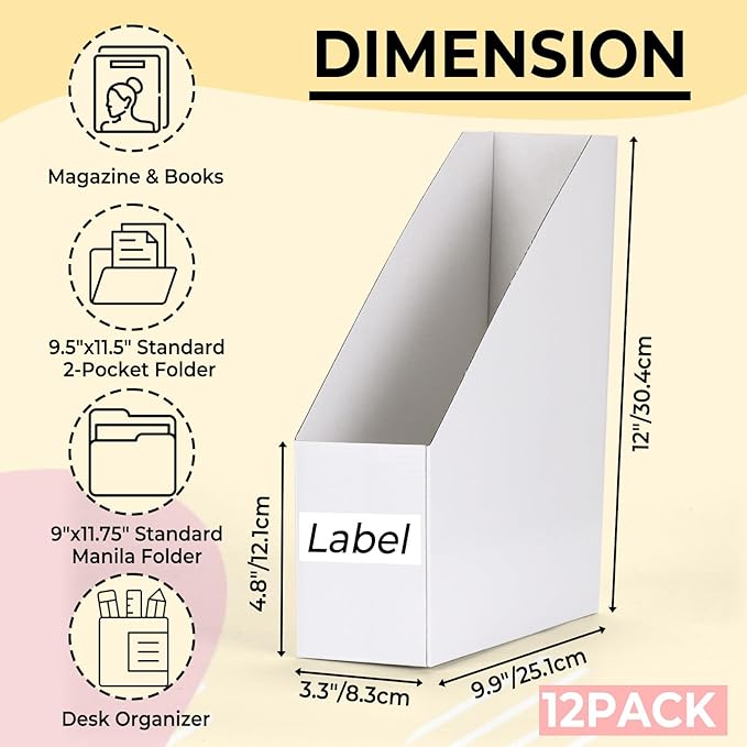 EXYGLO 12 Pack White Magazine File Holder, Cardboard Magazine Rack - Image 2