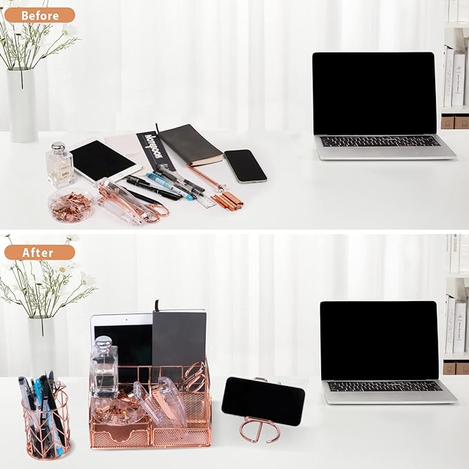 KAAKOW Rose Gold Desk Organizers and Accessories Office Supplies Set Stapler - Image 7