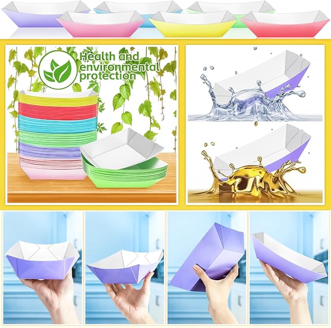 100 Pack Colorful 3LB Paper Food Boat Trays Disposable Paper Boats Plates - Image 6