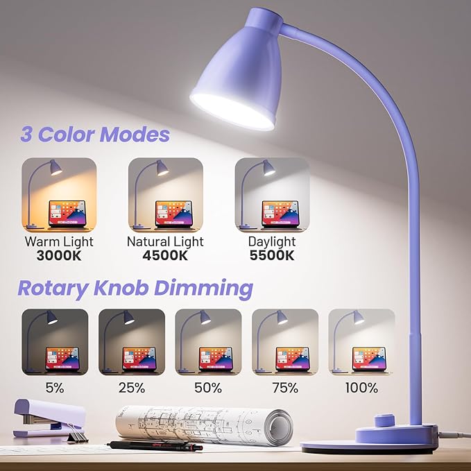 BOHON LED Desk Lamp with USB Charging Port, 3 Color Modes Dim, Lilac Purple | - Image 2