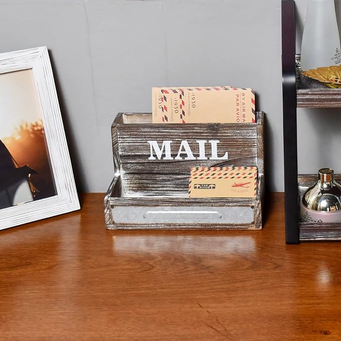 OKSQW Farmhouse Wood Desktop Desk Mail Organizer - Image 4