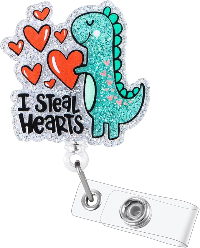 I Steal Hearts Cute Dinosaur Badge Reel, Retractable ID Card Funny Badge Holder by BEZTN