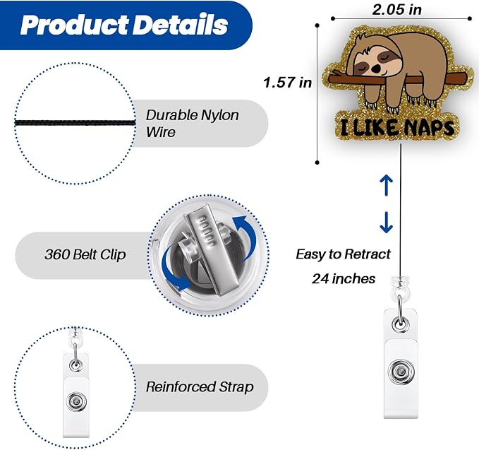 I Like Naps Funny Sloth Badge Reel, Cute Healthcare Retractable ID Card Badge - Image 4