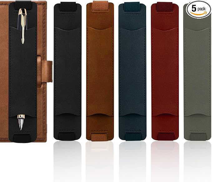 5 Pcs Adjustable Pen Holder for Notebook Elastic Strap, PU Leather Pen Sleeve by Roucerlin