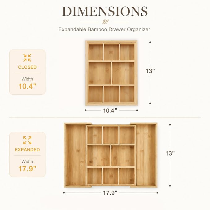 Bamboo Drawer Organizer Expandable Desk Storage Set, 10 Adjustable Compartment - Image 2