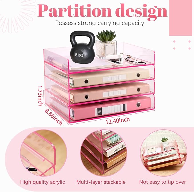 Harloon 4 Tier Clear Hot Pink Acrylic Paper Organizer Letter Tray, Aesthetic - Image 2