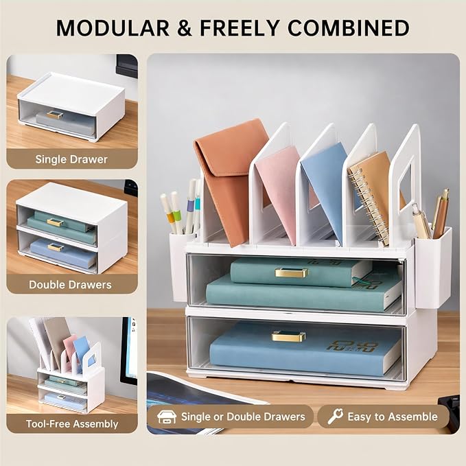 CiWiVOKi Desk Organizer with 4 File Slots and 2 Drawers, notebooks and office - Image 3