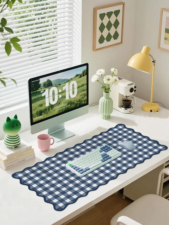 Scalloped‌ Checkered Desk Mat Cute Dark Blue XXL Large Gaming Mouse Pad Gingham - Image 2