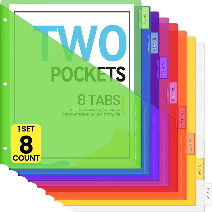 Sooez 8 Count Dividers with Pockets, 8 Tabs Binder Dividers by Sooez