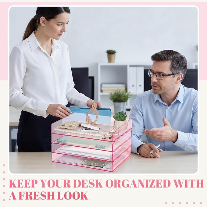 Harloon 4 Tier Clear Hot Pink Acrylic Paper Organizer Letter Tray, Aesthetic - Image 7