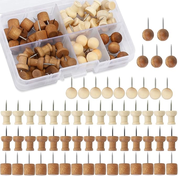 60 Pcs Wood Push Pins Thumb Tacks Walnut Push Pins Cylindrical Push Round Head by Tikjiua