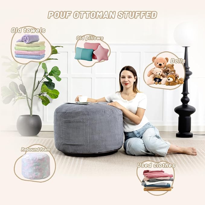 Round Stuffed Pouf Ottoman, Corduroy Foot Rest - Image 5