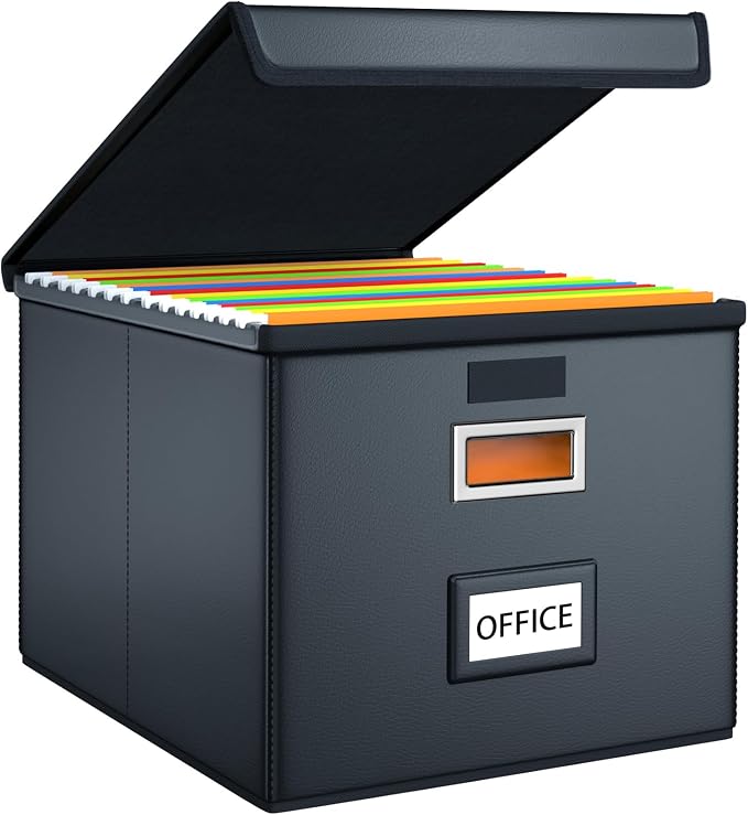 File Organizer Box with Lid, Collapsible Faux Leather Hanging File Folder Box by Huolewa