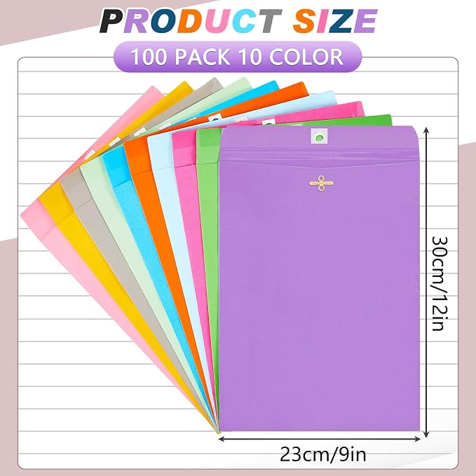 Geyee 100 Pcs Clasp Manilla Envelopes 9 x 12 Inch Gummed Colored Envelopes - Image 2