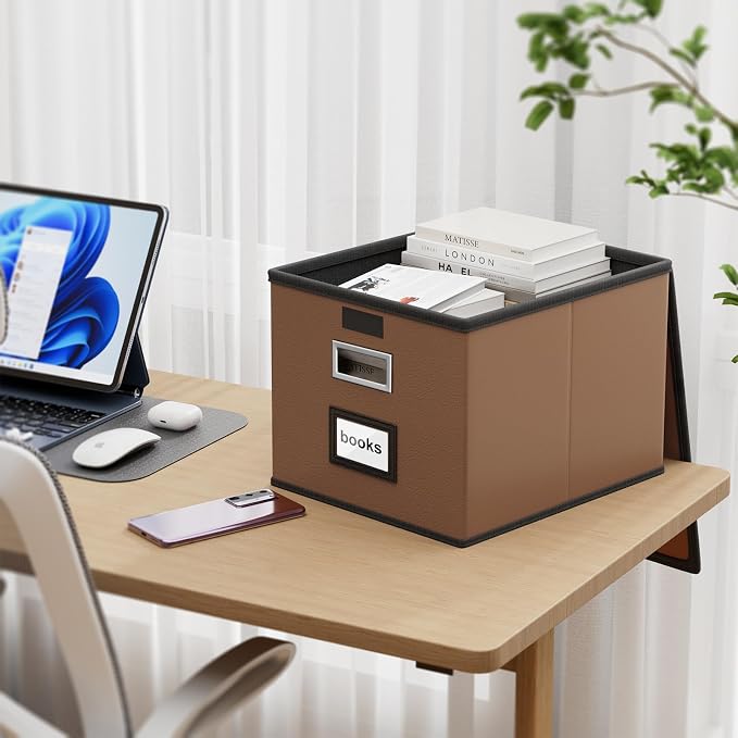 File Organizer Boxes with Lids, Collapsible Faux Leather Hanging File Folder - Image 2