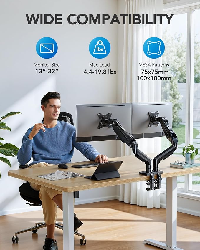 HUANUO FlowLift™ Dual Monitor Stand, Fully Adjustable Gaming Monitor Desk Mount - Image 2