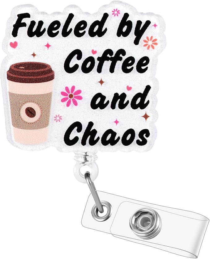 Fueled by Coffee and Chaos Funny Nurse Badge Reel, Cute Retractable ID Badge by LINAYOHA