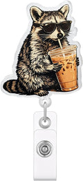 Funny Raccoon Drinking Coffee Badge Reel, Cool Animal Badge Holder by JAROLYDIAN