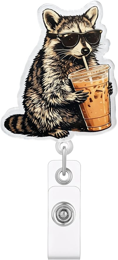 Funny Raccoon Drinking Coffee Badge Reel, Cool Animal Badge Holder by JAROLYDIAN