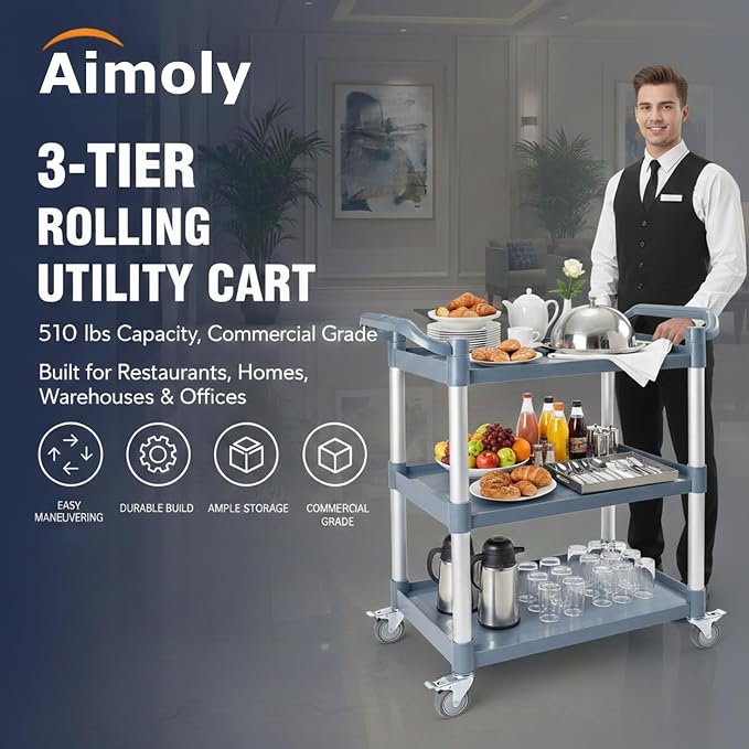 3-Tier Rolling Utility Cart on Wheels, 510 lbs Capacity Utility Service Cart - Image 2