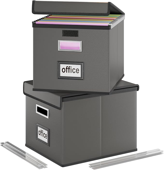 File Organizer Boxes with Lids, Collapsible Faux Leather Hanging File Folder by Huolewa