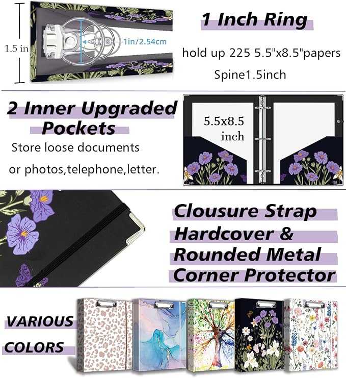 Mini Binder 3 Ring 1 Inch for 5.5"x8.5" Paper, Cute Small Three Ring Binders - Image 5