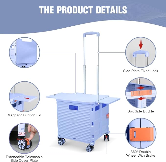 FELICON SELORSS Folding Utility Cart Portable Rolling Crate Handcart-Blue | - Image 3