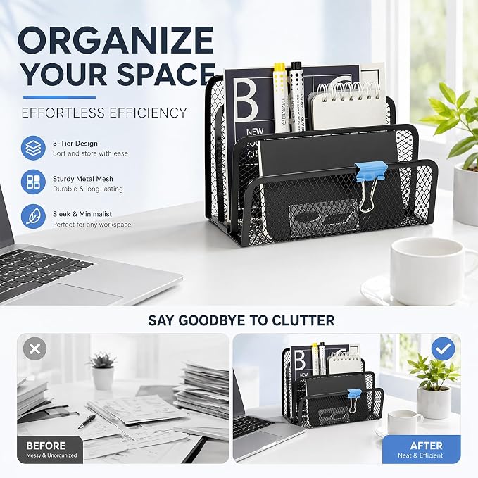 2pcs Mail Organizer for Desk, 3-Slot Mesh Metal Mail Holder countertop - Image 3