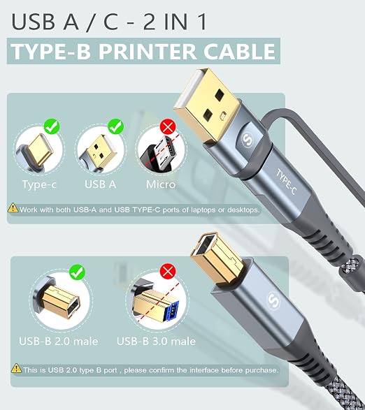 Printer Cable 2-in-1 USB-A/C to USB-B Cord 6.6FT, Type C MIDI Cable Braided - Image 2