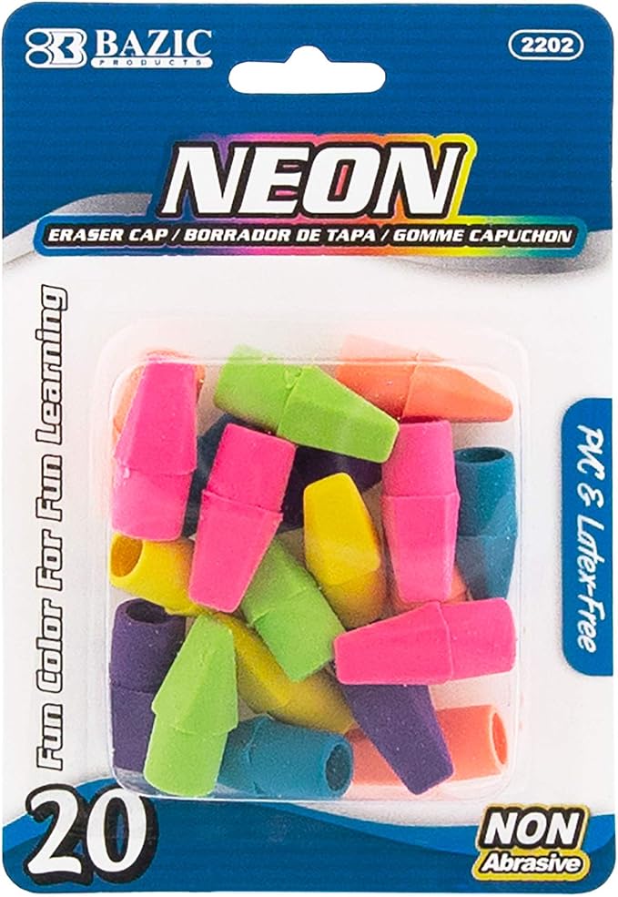 BAZIC Products Neon Pencil-Top Eraser Caps, Latex-Free, 144-Case | non-abrasive by BAZICProducts