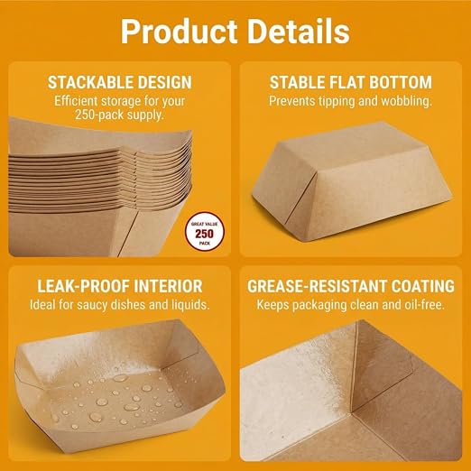 DEAYOU 250 Pack Paper Food Boats, 2 LB Kraft Food Trays Disposable, Grease - Image 4