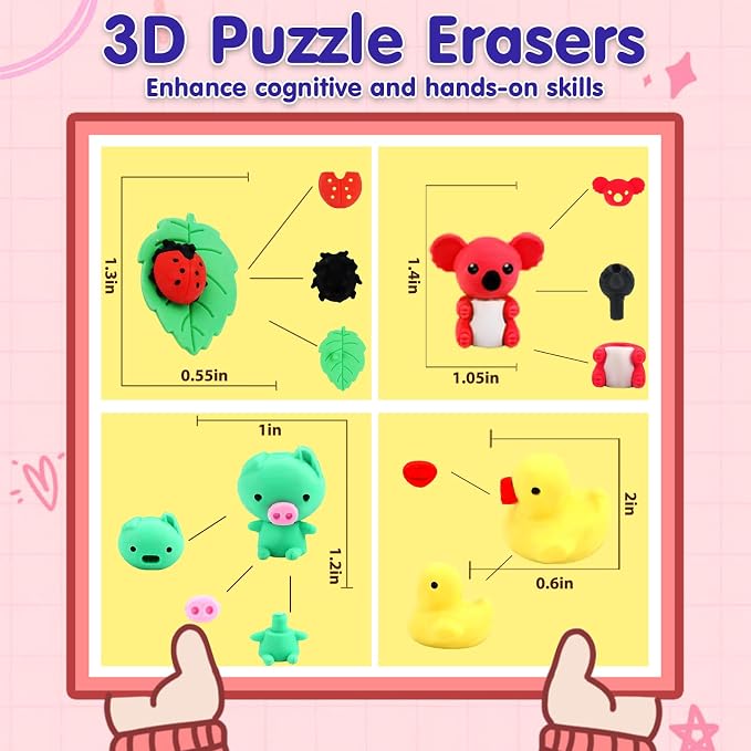 URSKYTOUS 34Pcs Animal Erasers Bulk Cute Desk Pets Kids Puzzle Erasers Take - Image 6