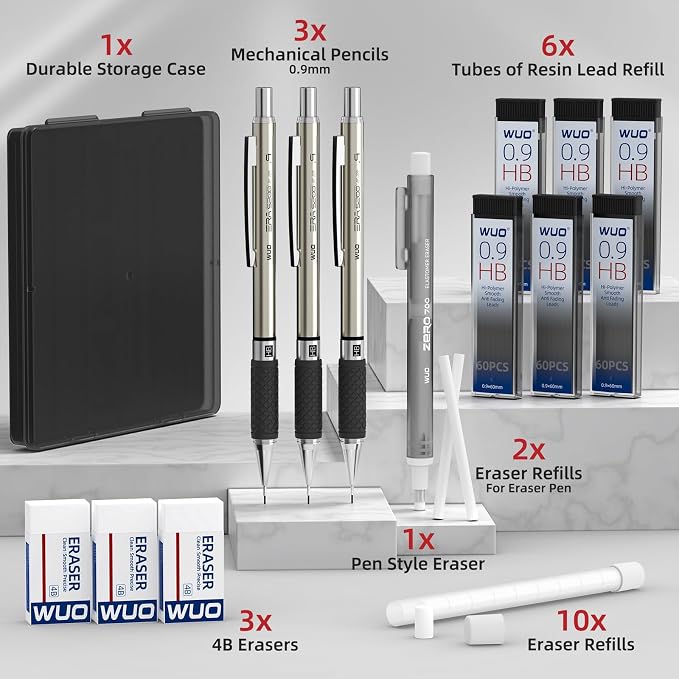 WUO 0.9mm Mechanical Pencil Set, 1 Eraser Pen, 12 Eraser Refills, Storage Case - Image 8