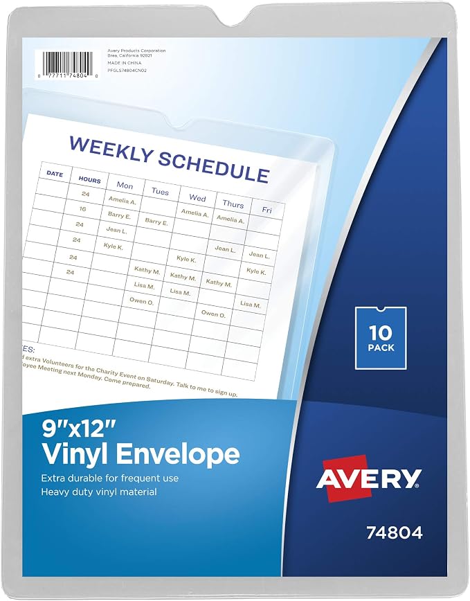 Avery File Envelopes, Holds up to Sheets, 10 Clear Vinyl Envelopes by Avery